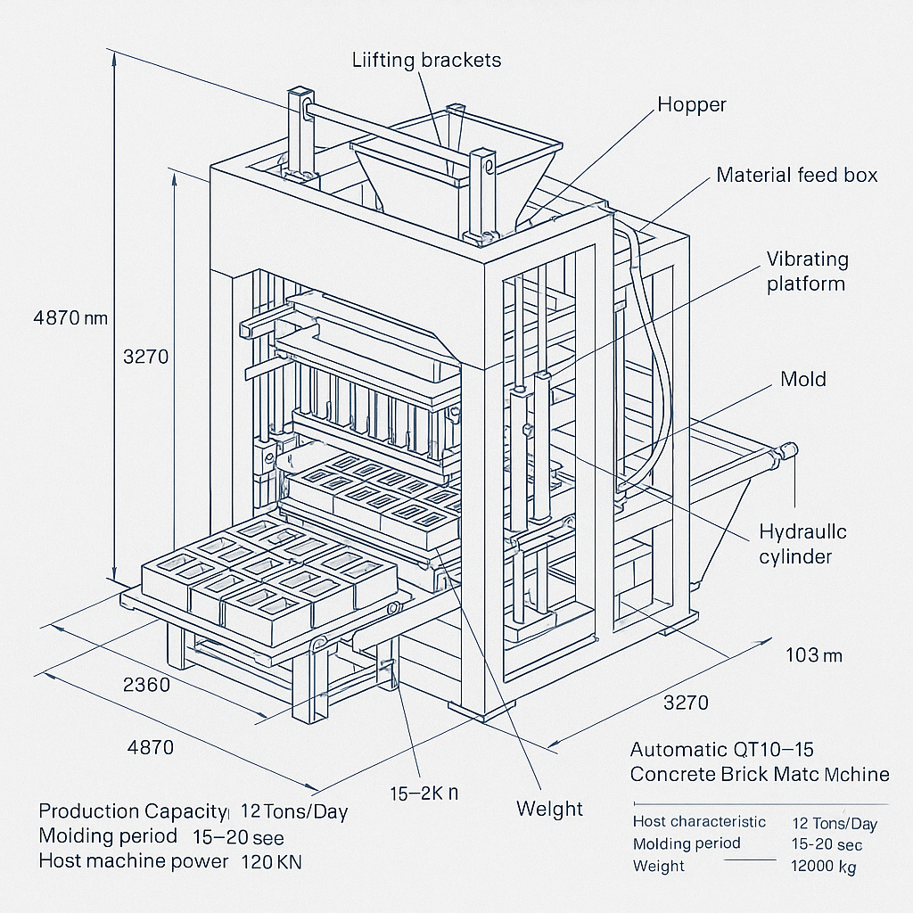 Automatic QT10-15 Concrete Brick Making Machine — labelled 3D blueprint