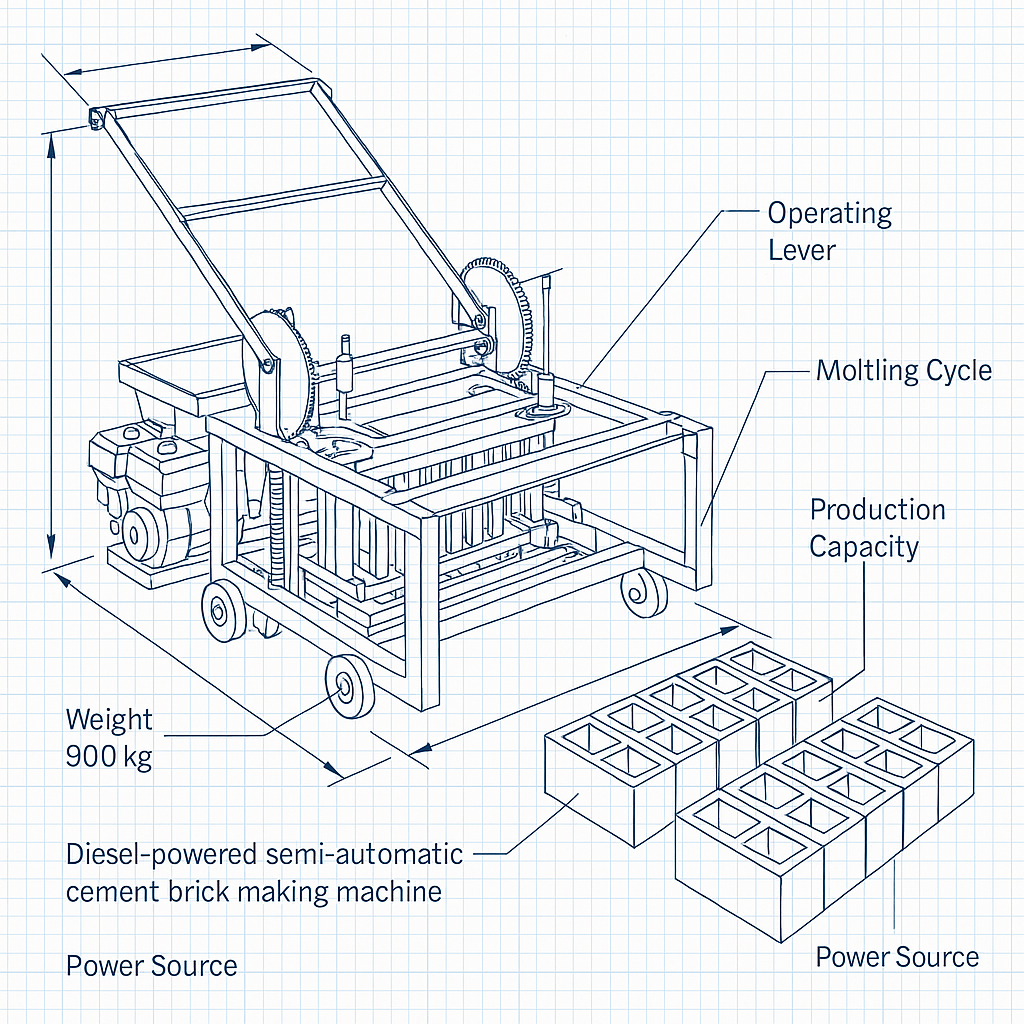 High Efficiency Diesel Powered Semi-Automatic Cement Brick Making Machine — labelled 3D blueprint