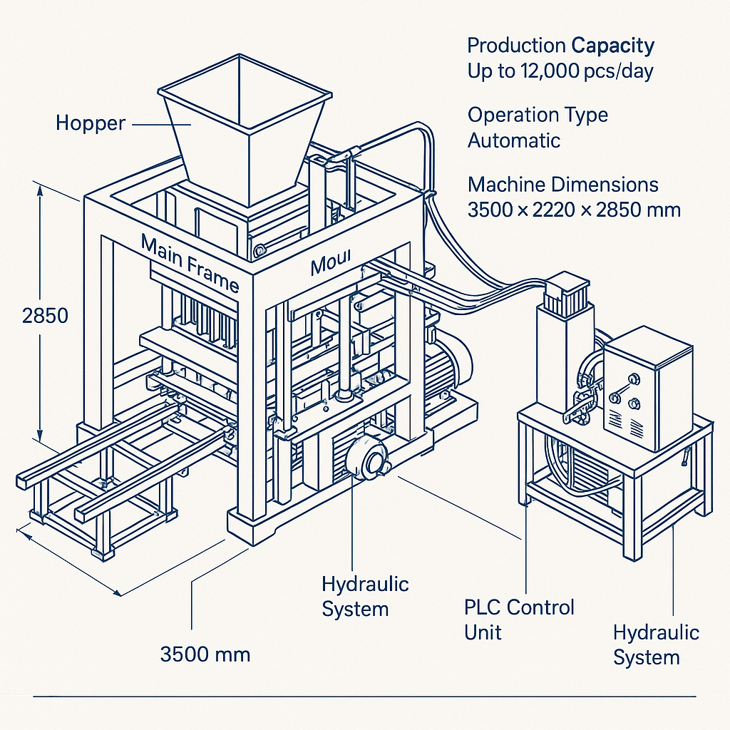 QT4 Automatic Cement Brick Making Machine — labelled 3D blueprint
