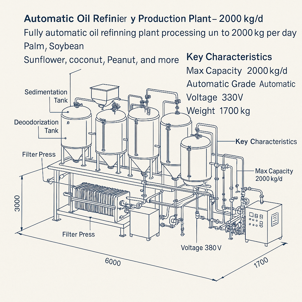 Automatic Palm Oil Refinery & Soybean Sunflower Seed Oil Production Plant – 2000kg/d — labelled 3D blueprint