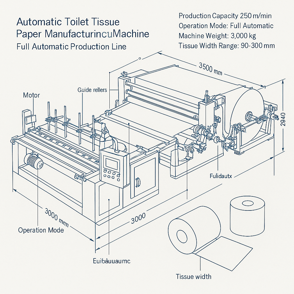 Automatic Toilet Tissue Paper Manufacturing Machine – Full Automatic Production Line — labelled 3D blueprint