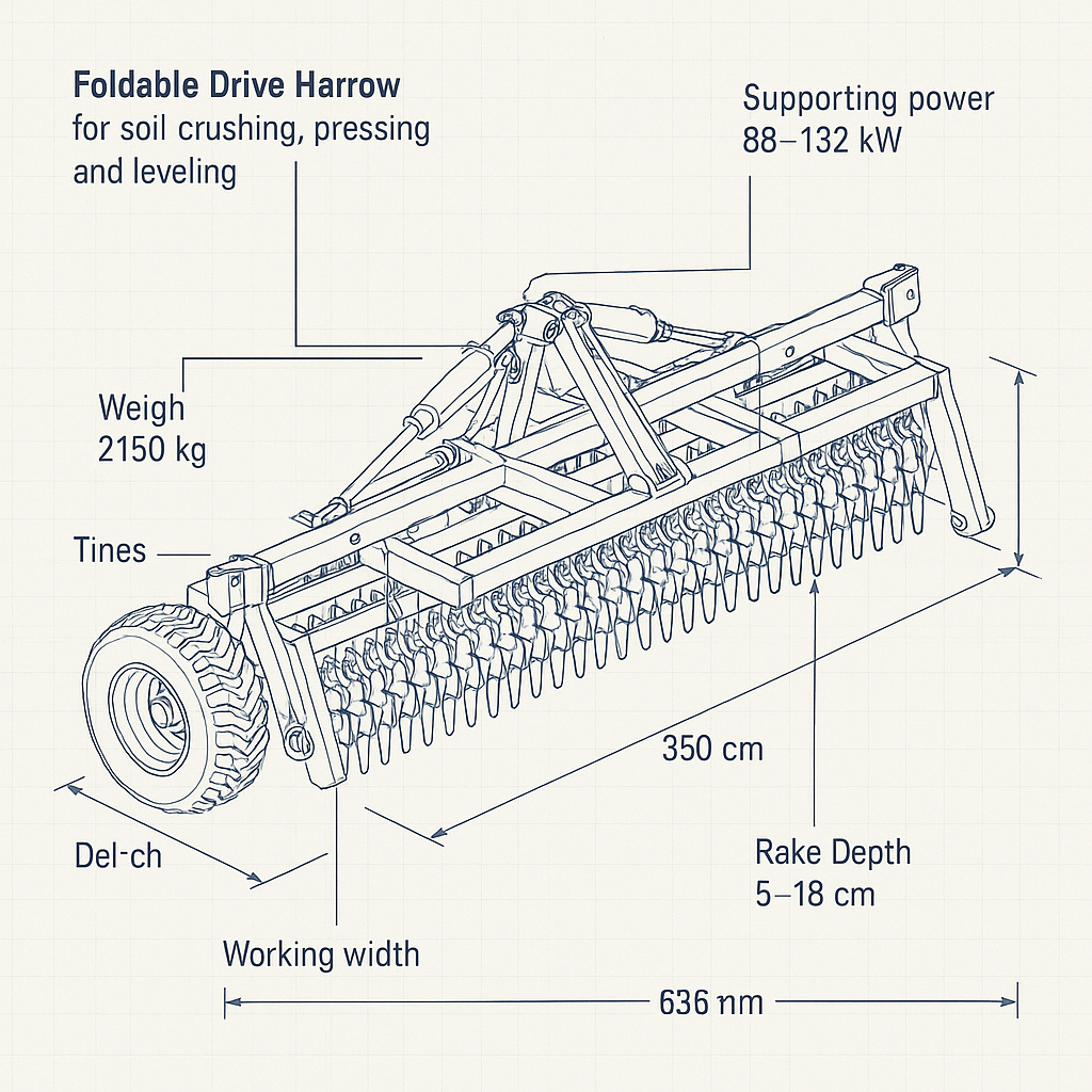 Foldable Drive Harrow for Soil Crushing, Pressing and Leveling — labelled 3D blueprint