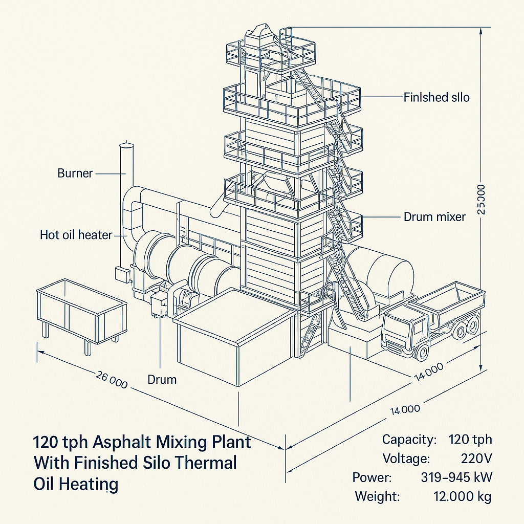 120tph Asphalt Mixing Plant With Finished Silo Thermal Oil Heating — labelled 3D blueprint