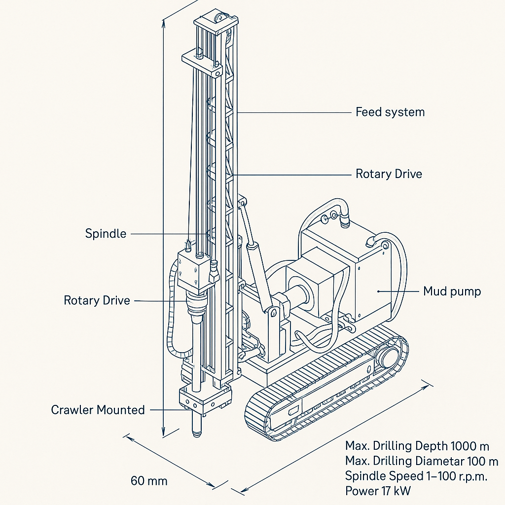 Crawler Mounted Core Drilling Machine 100–1000 m Soil & Mud Rotary Rig — labelled 3D blueprint
