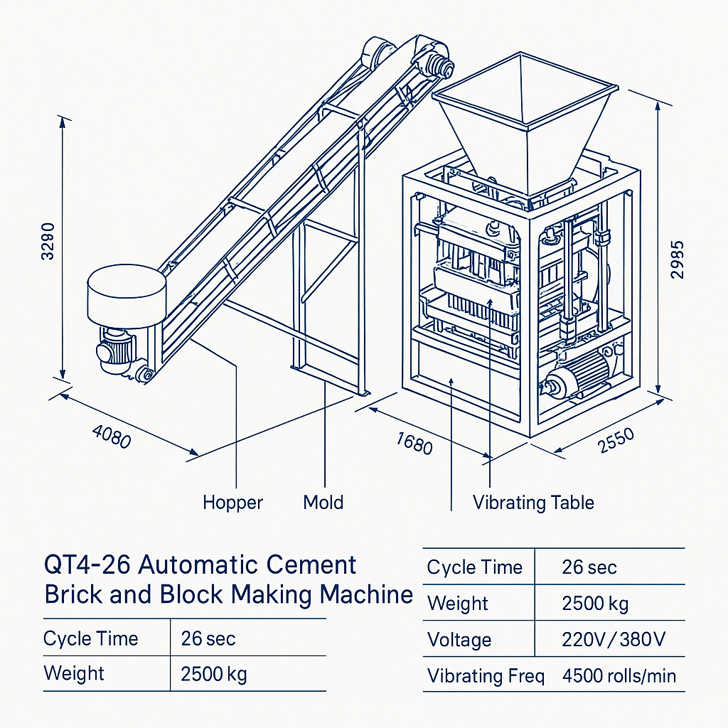QT4-26 Automatic Cement Brick and Block Making Machine — labelled 3D blueprint