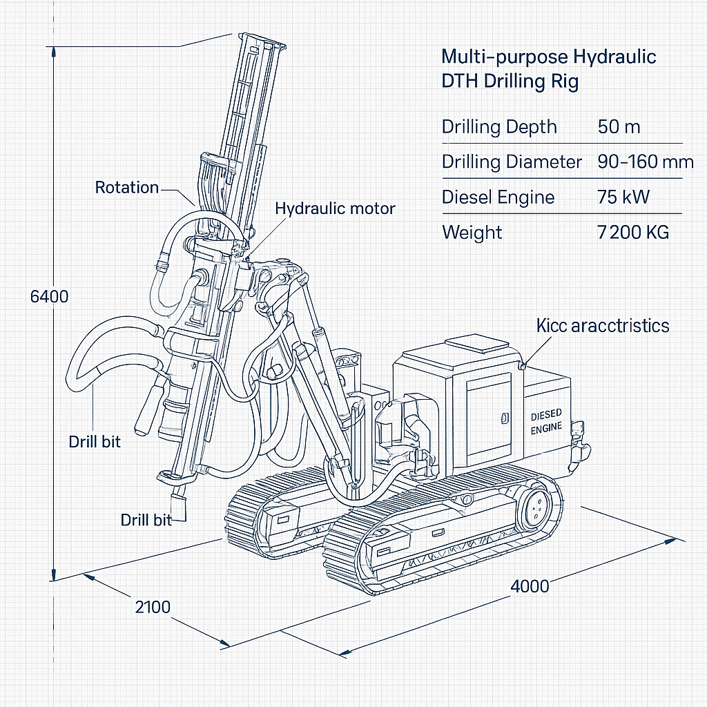 Multi Purpose Hydraulic DTH Drilling Rig for Water Boreholes, Oil Wells & Geotechnical Work — labelled 3D blueprint
