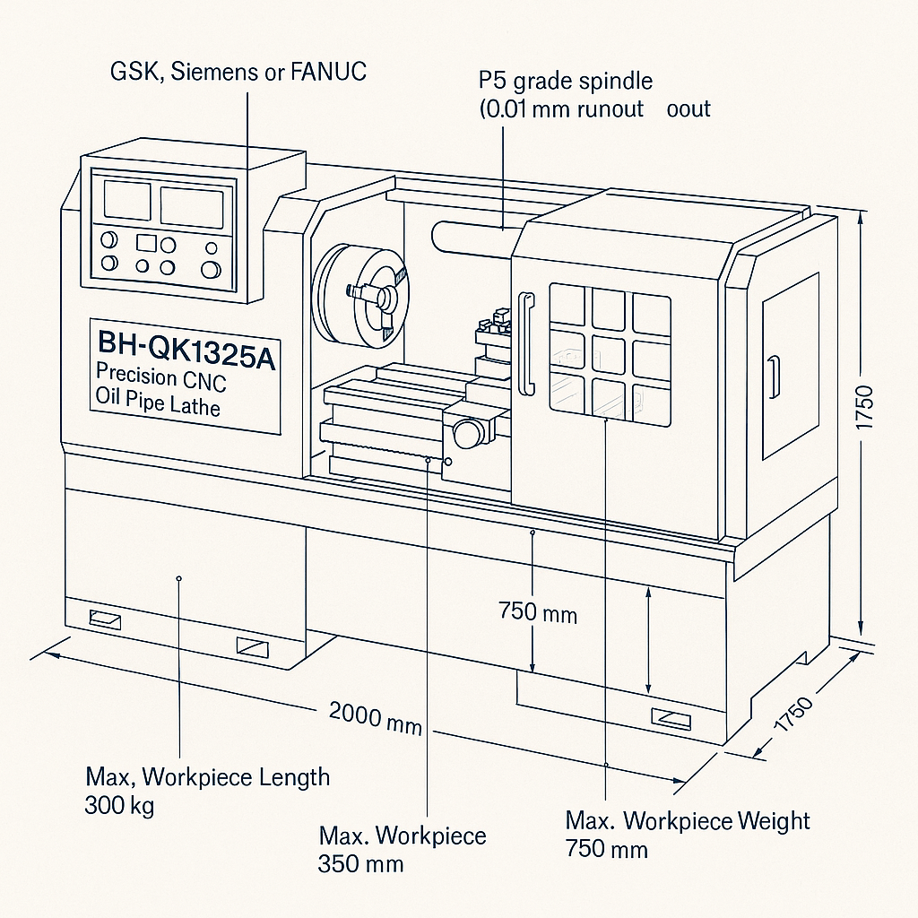 BH-QK1325A Precision CNC Oil Pipe Lathe — labelled 3D blueprint