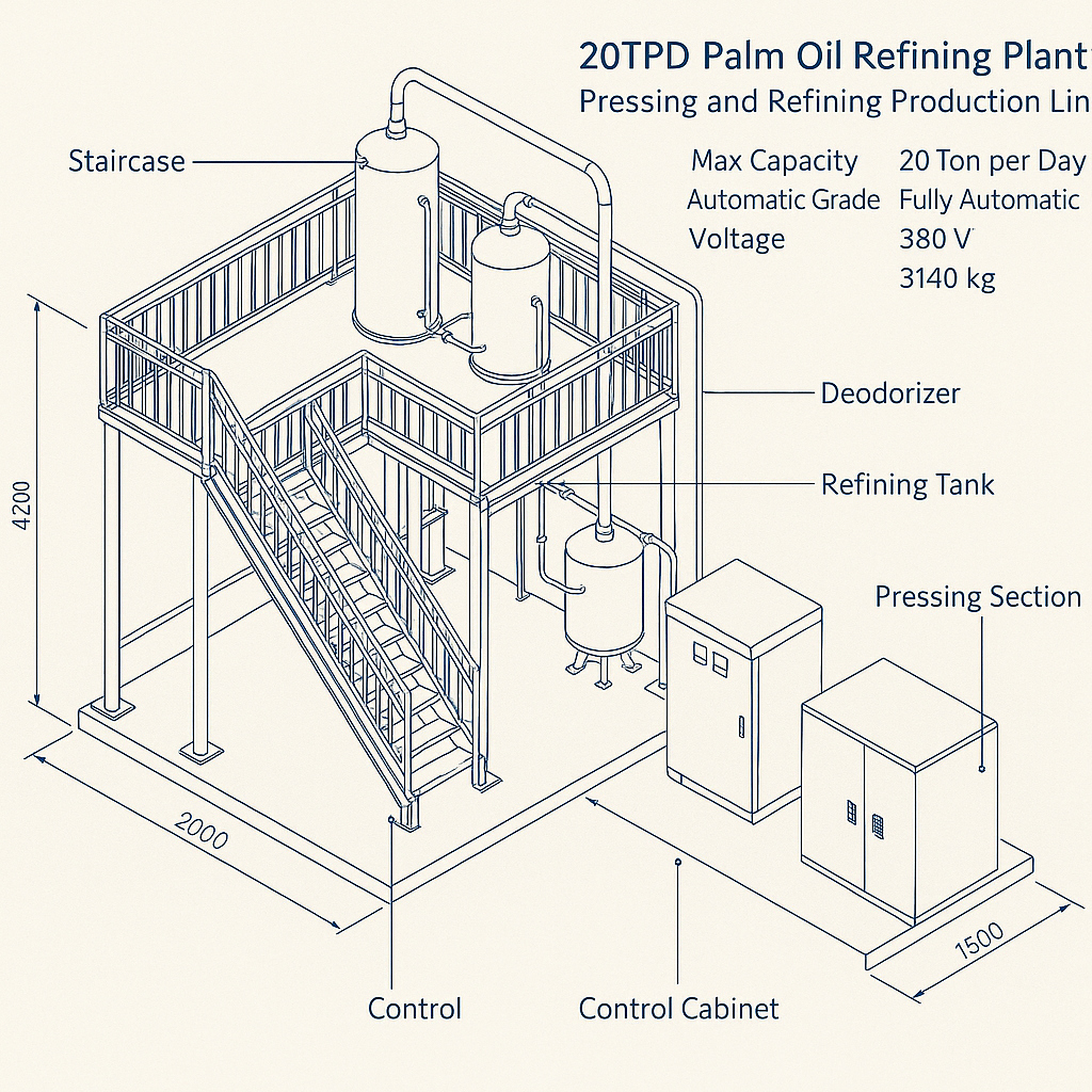 20tpd Palm Oil Refining Plant – Pressing and Refining Production Line — labelled 3D blueprint