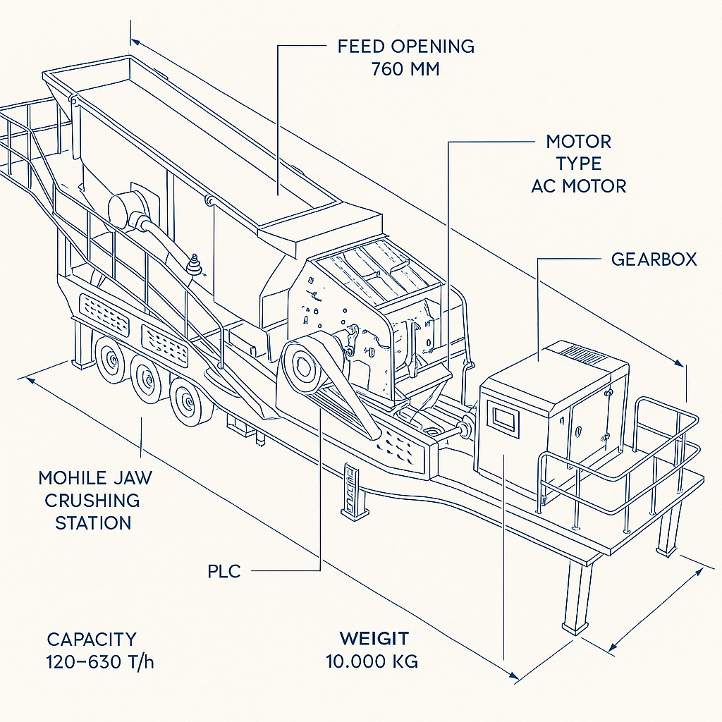 Mobile Jaw Crushing Station 760mm Feed 120 to 650 TPH High Mobility Crusher Plant — labelled 3D blueprint