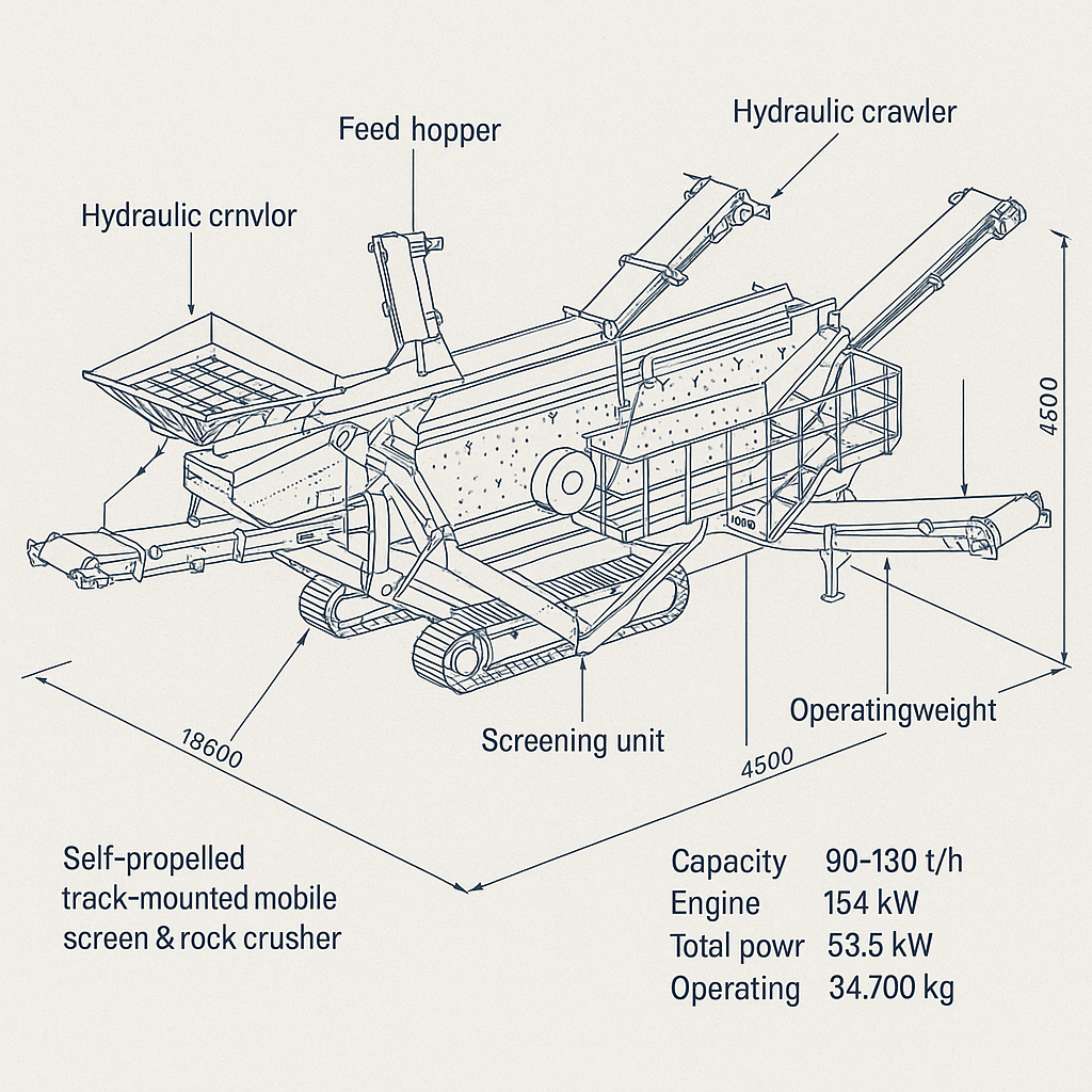 Self-Propelled Track-Mounted Mobile Screen & Rock Crusher Plant — labelled 3D blueprint