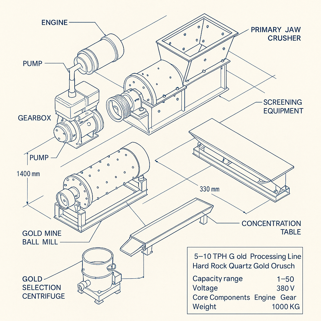 5-10TPH Gold Processing Line Hard Rock Quartz Gold Ore Crushing Grinding Plant Portable Gold Recovery Equipment — labelled 3D blueprint