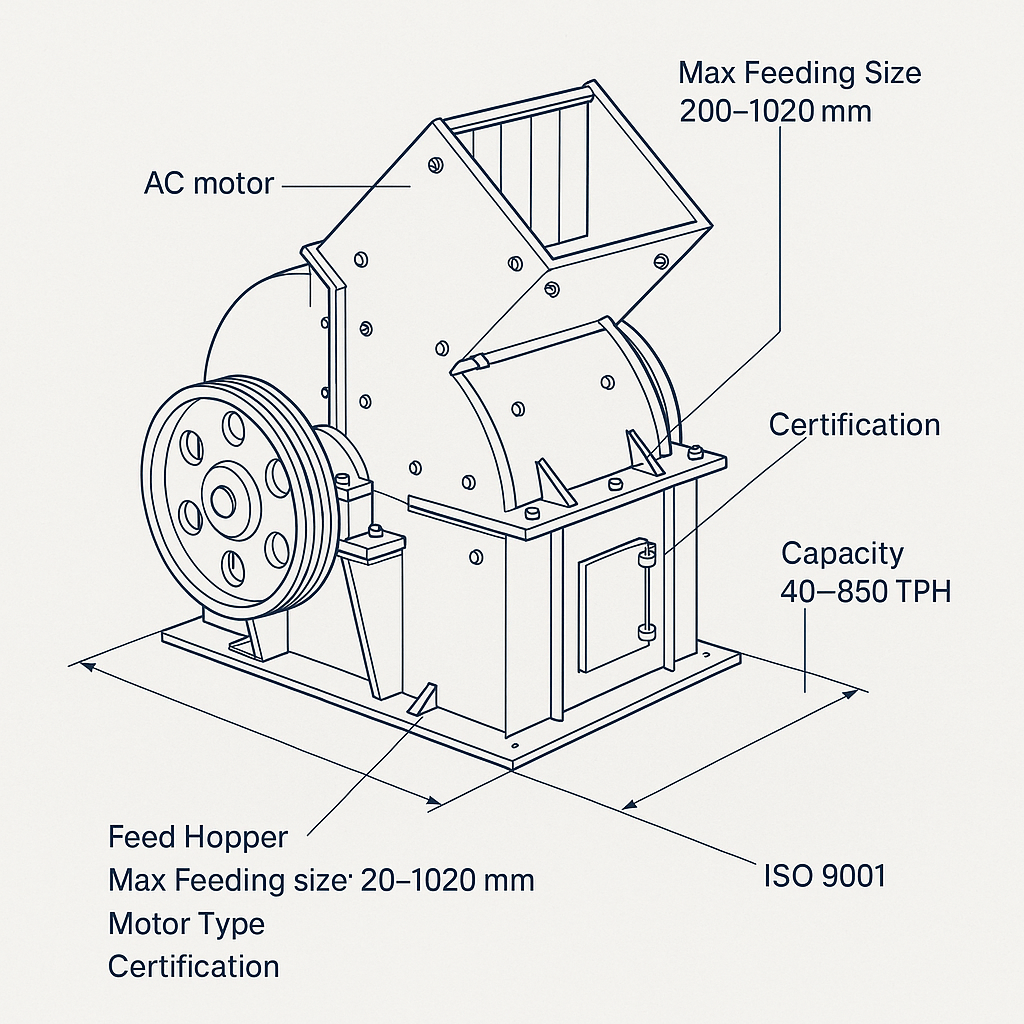 Industrial Rock Salt Limestone Glass Bottle Breaking Hammer Mill Crusher — labelled 3D blueprint