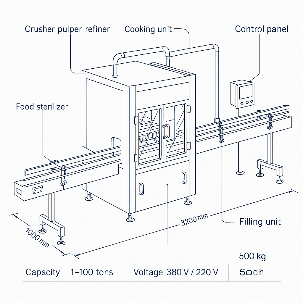 Industrial Crusher Pulper and Refiner with Cooking and Filling Unit for Mixed Fruit Jam Line — labelled 3D blueprint