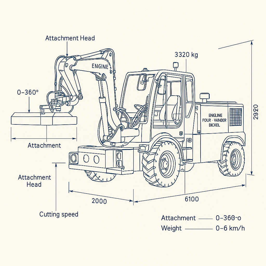 Four Cylinder Diesel Forestry Trimmer with Telescopic Arm and 360° Rotation — labelled 3D blueprint