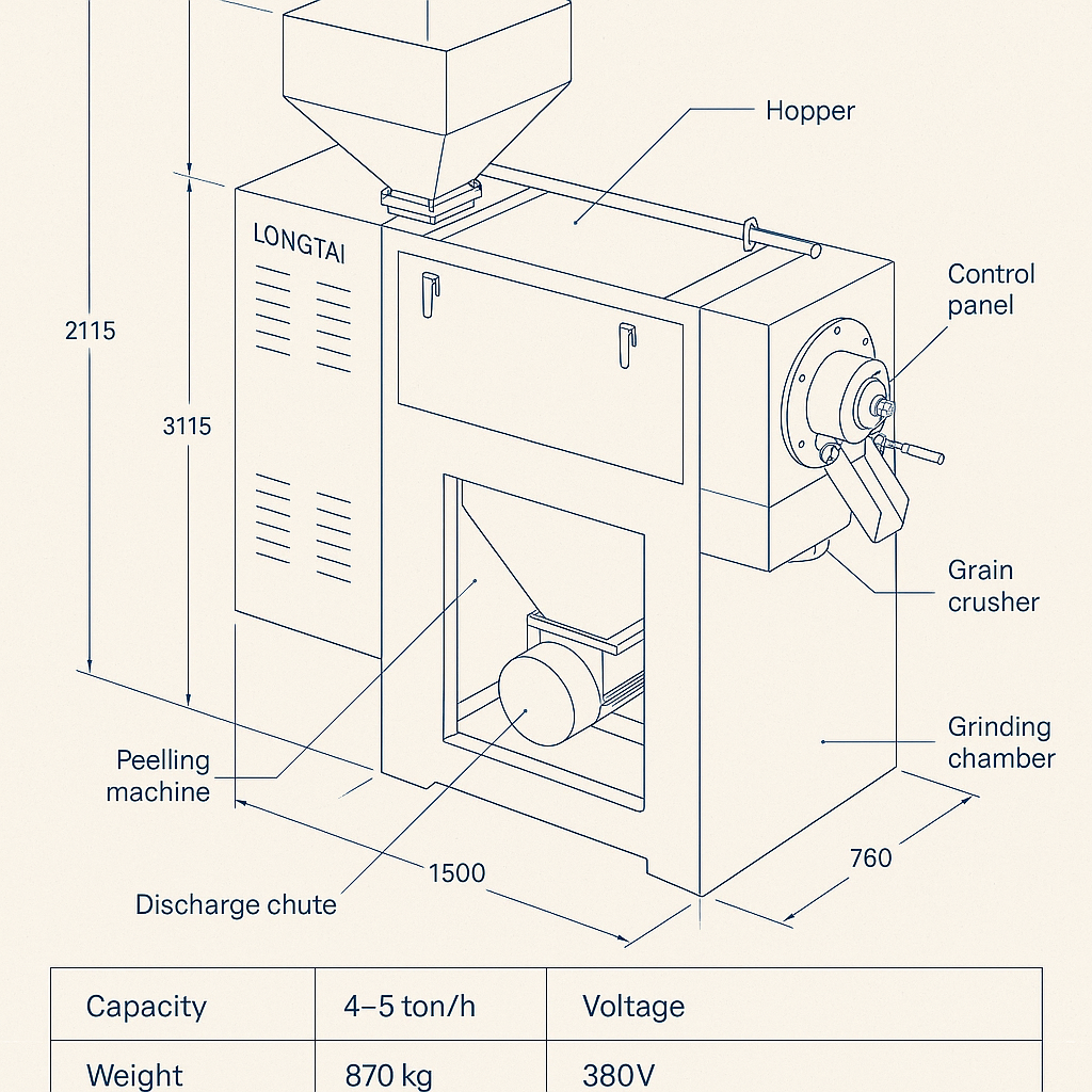 Steel Maize & Barley Peeling Machine with Grain Crusher and Grinding Function — labelled 3D blueprint