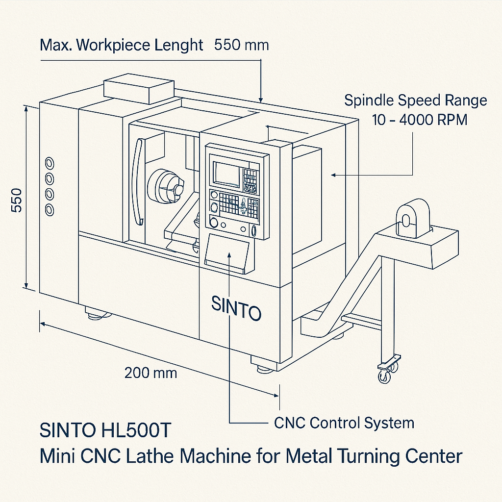 SINTO HL500T Mini CNC Lathe Machine for Metal Turning Center — labelled 3D blueprint