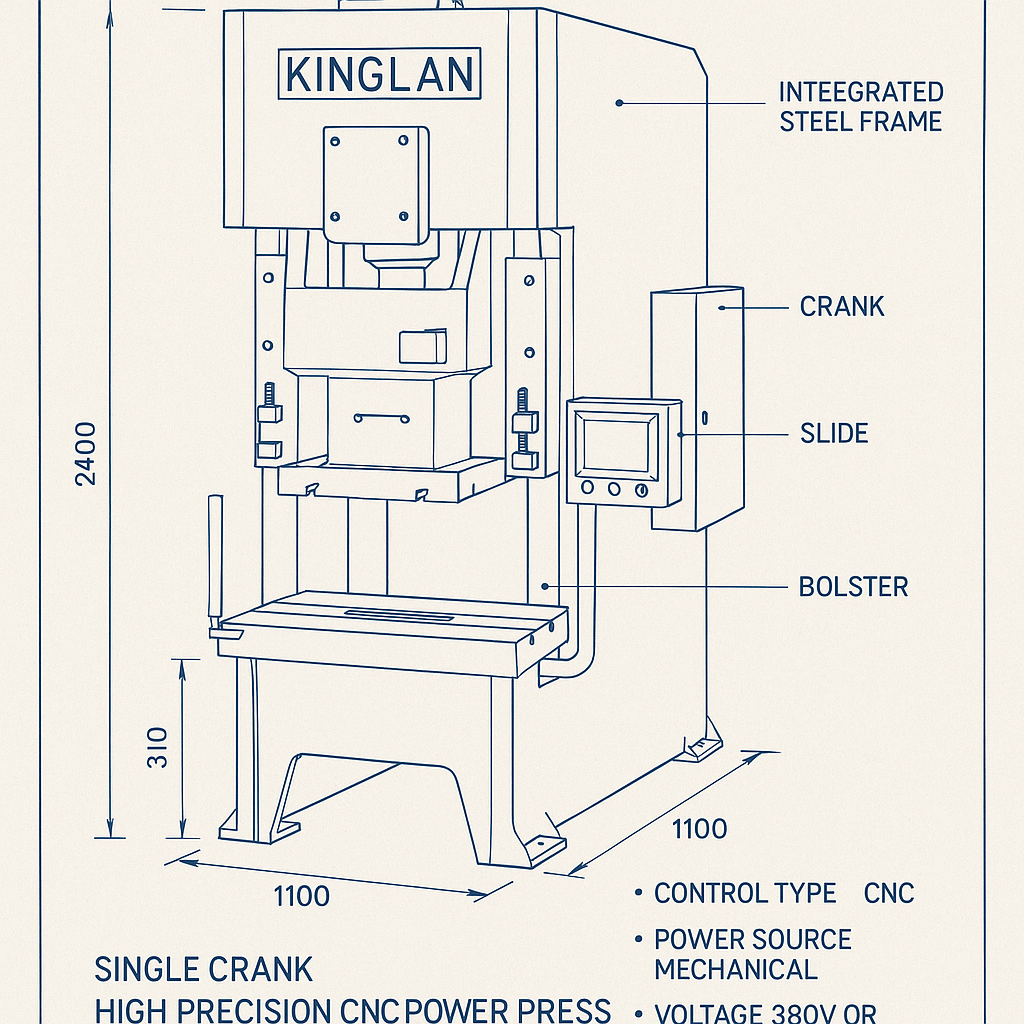 Single Crank High Precision CNC Power Press for Lamp Holder Aluminum Cups — labelled 3D blueprint