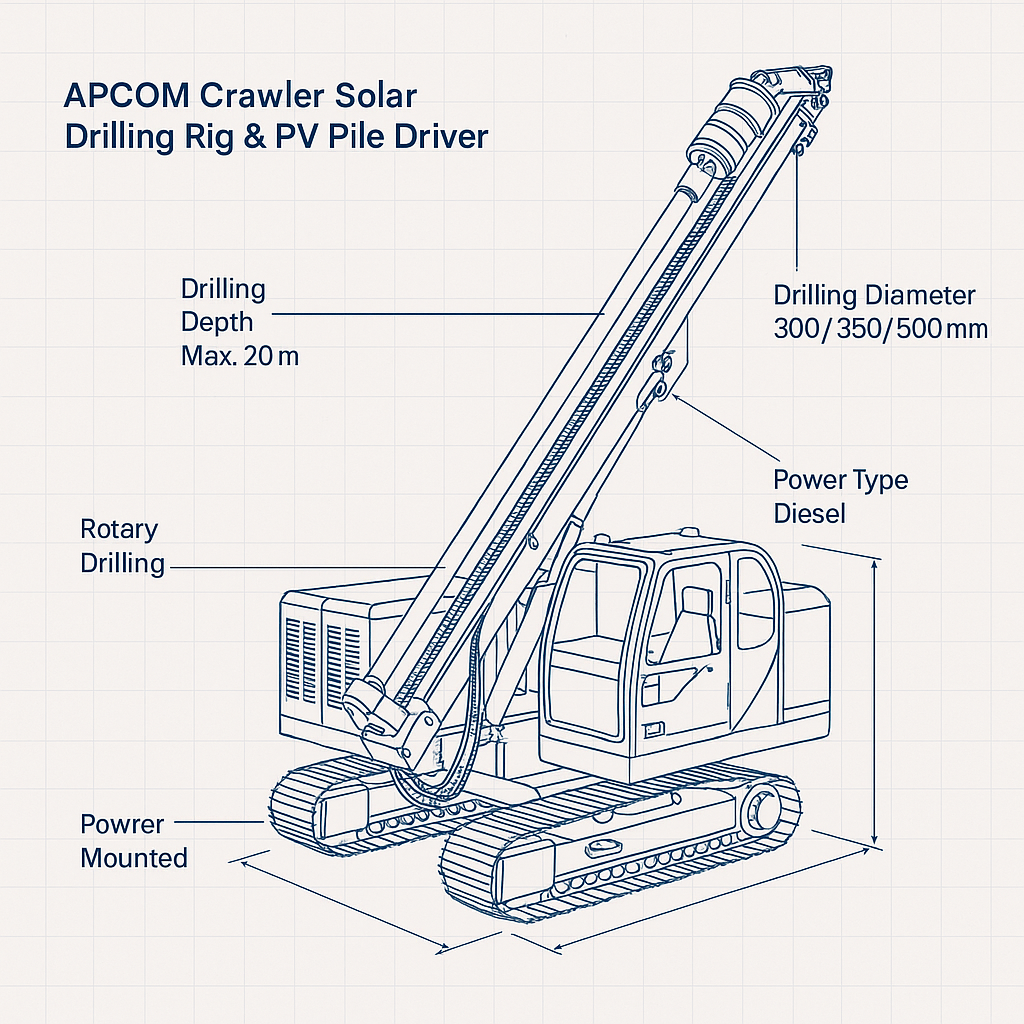 APCOM Crawler Solar Drilling Rig & PV Pile Driver — labelled 3D blueprint
