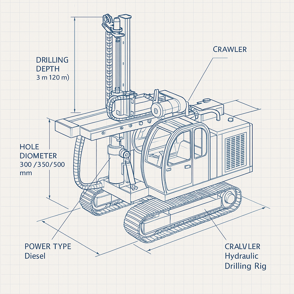 APCOM Diesel Engine Crawler Hydraulic Drilling Rig — labelled 3D blueprint