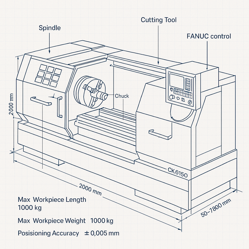 Complete Set of CNC Lathe Machine Tools CK6150 Including Spindles, Chucks and Cutting Tools — labelled 3D blueprint