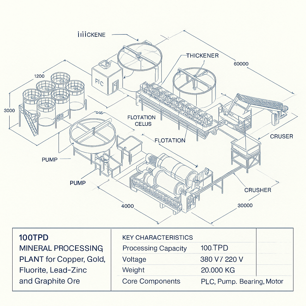 100TPD Mineral Processing Plant for Copper, Gold, Fluorite, Lead Zinc and Graphite Ore — labelled 3D blueprint