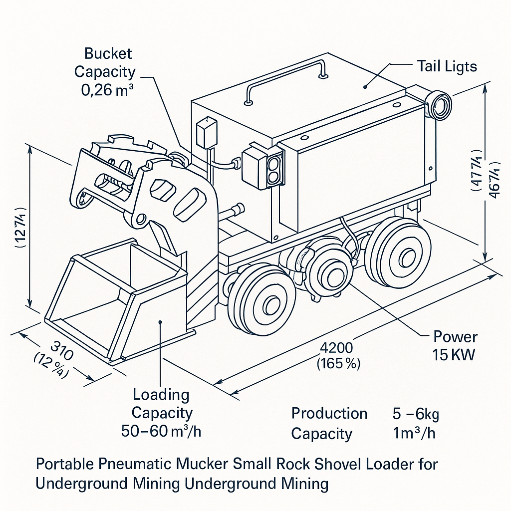 Portable Pneumatic Mucker Machine Small Rock Shovel Loader for Underground Mining — labelled 3D blueprint