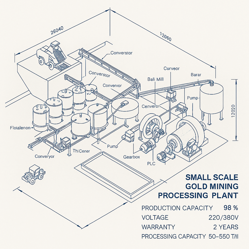Small Scale Gold Mining Process Processing Plant — labelled 3D blueprint