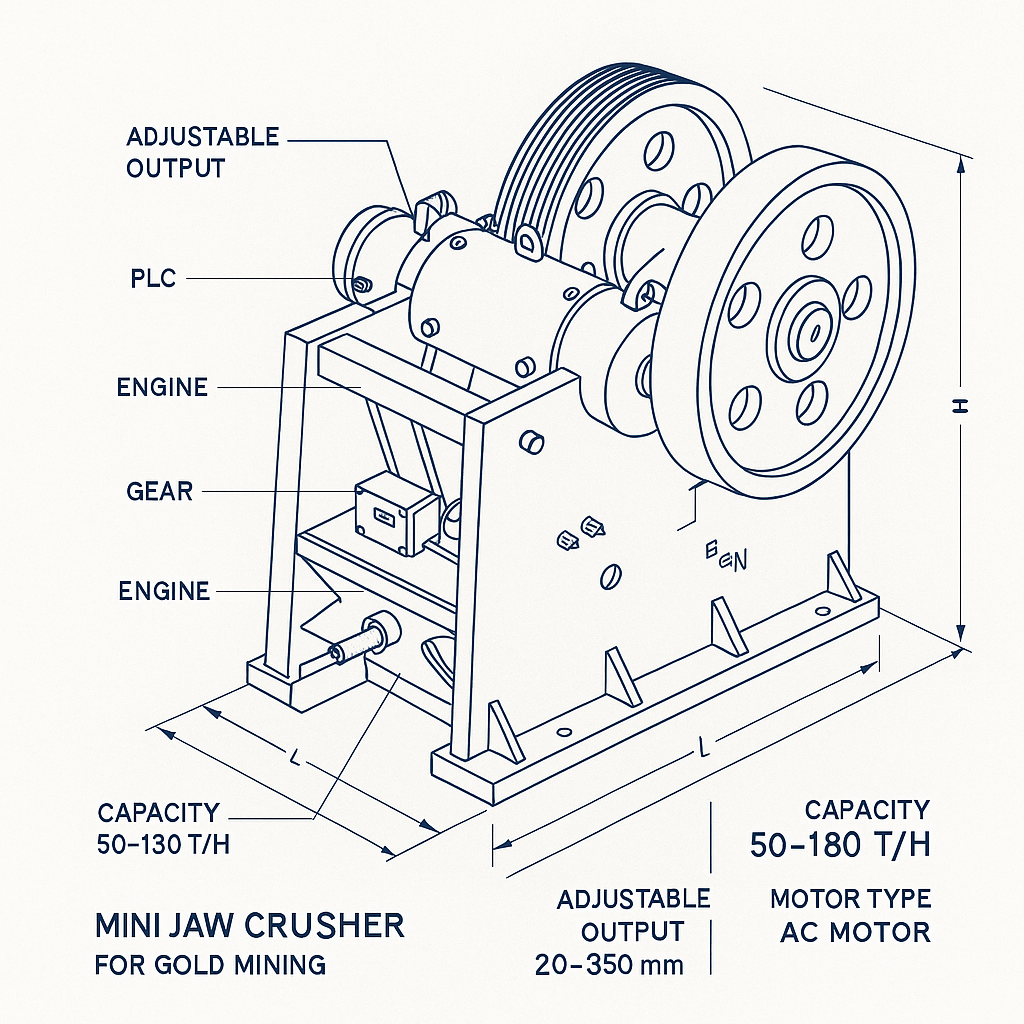 Professional Mini Jaw Crusher with AC Motor, PLC and 50–180 T/H Capacity for Gold Mining — labelled 3D blueprint