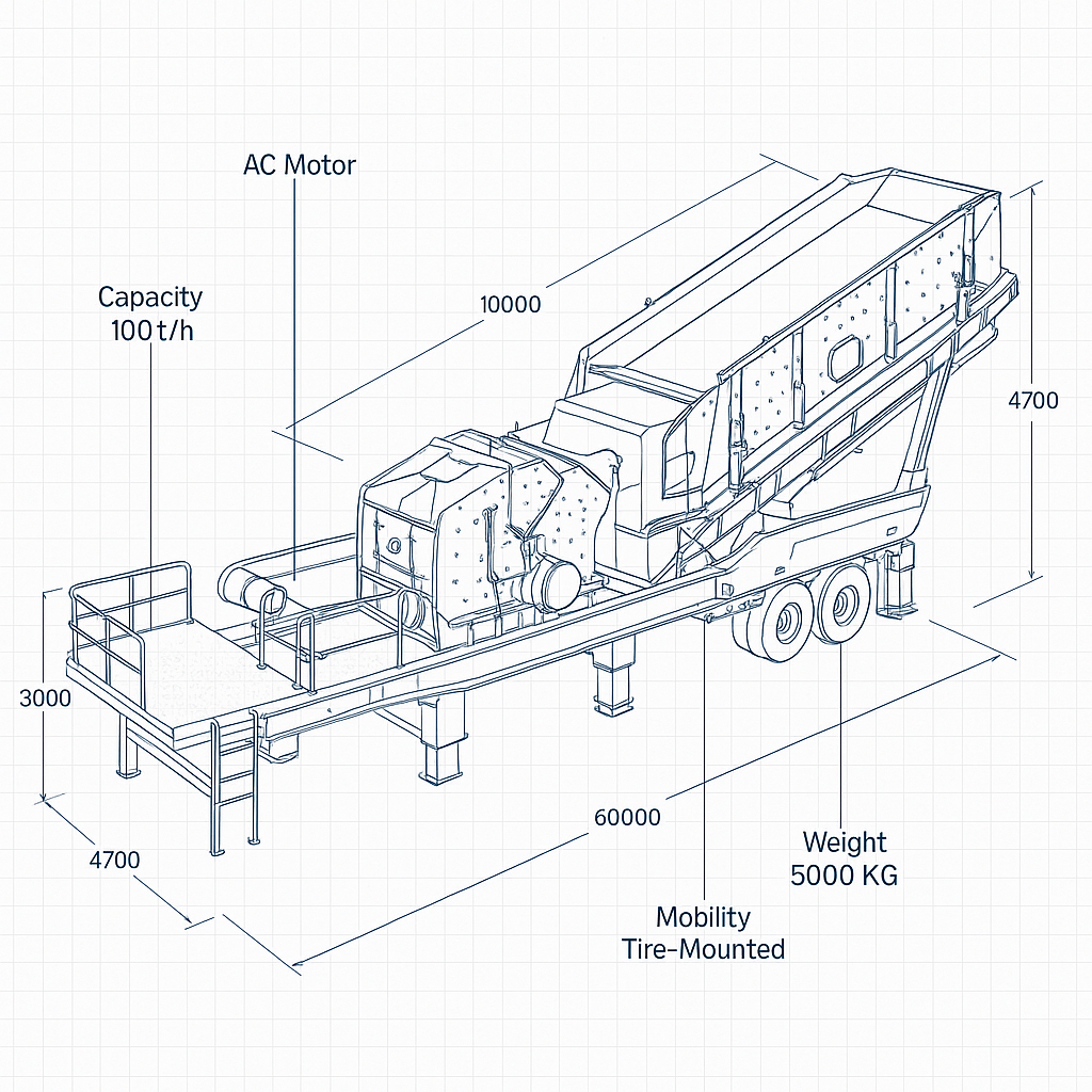 100TPH Tire Mobile Cone Crusher Plant — labelled 3D blueprint