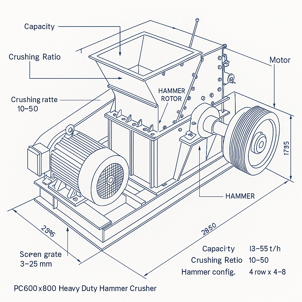 PC600x800 Heavy Duty Hammer Crusher for Gold Mining & Mineral Processing — labelled 3D blueprint