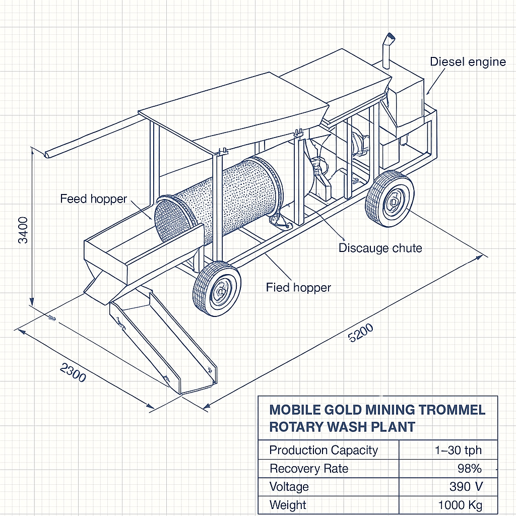 Mobile Gold Mining Trommel Rotary Wash Plant — labelled 3D blueprint