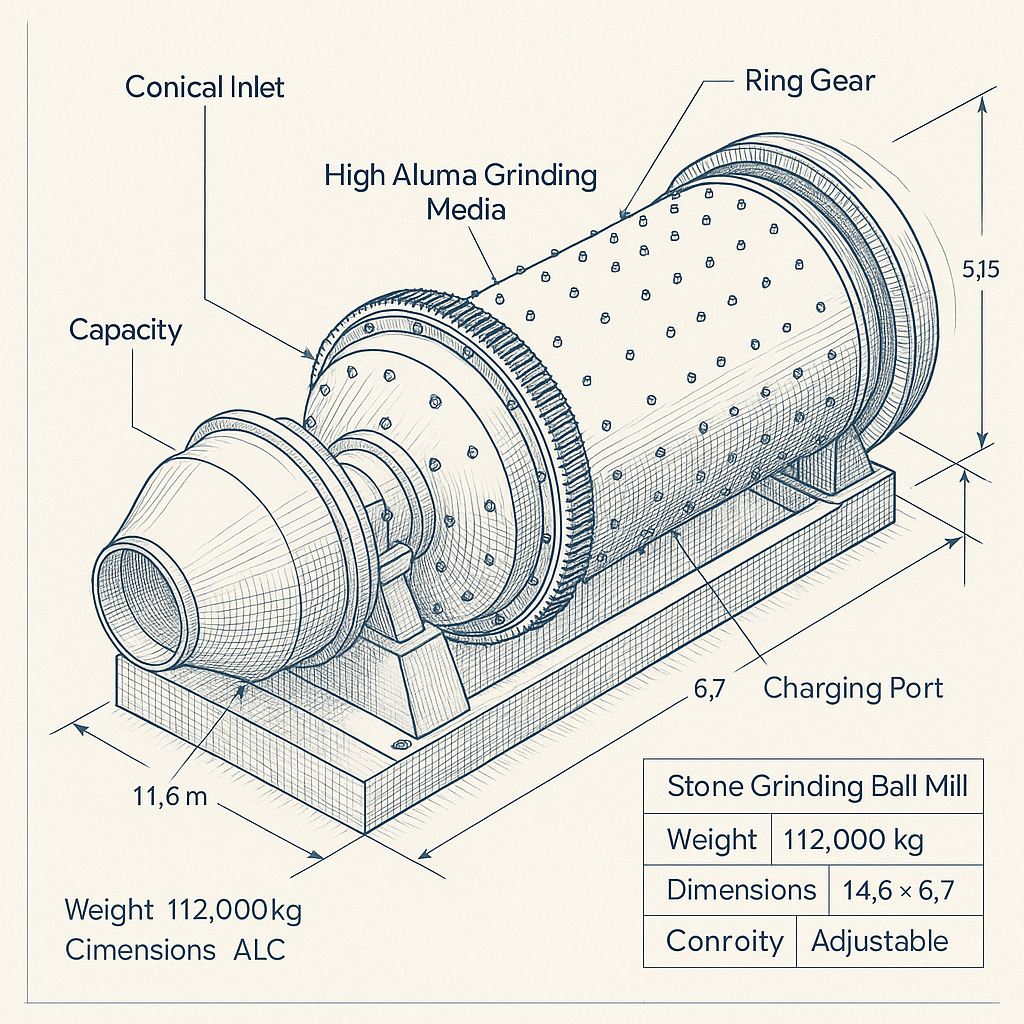 Stone Grinding Ball Mill for Gold and Mineral Processing — labelled 3D blueprint