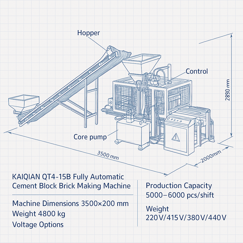 KAIQIAN QT4-15B Fully Automatic Cement Block Brick Making Machine — labelled 3D blueprint
