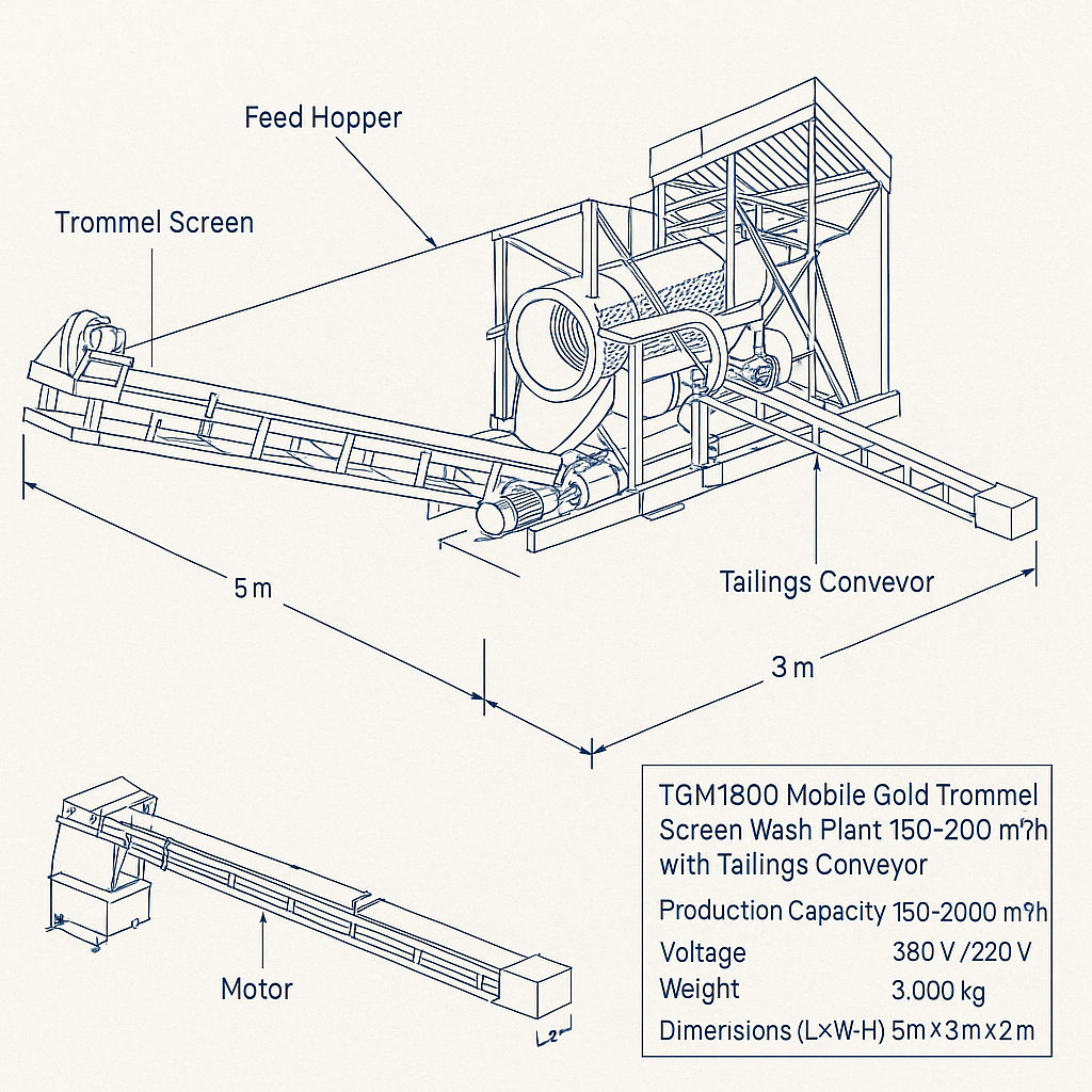 TGM1800 Mobile Gold Trommel Screen Wash Plant 150-200 M³/H with Tailings Conveyor — labelled 3D blueprint