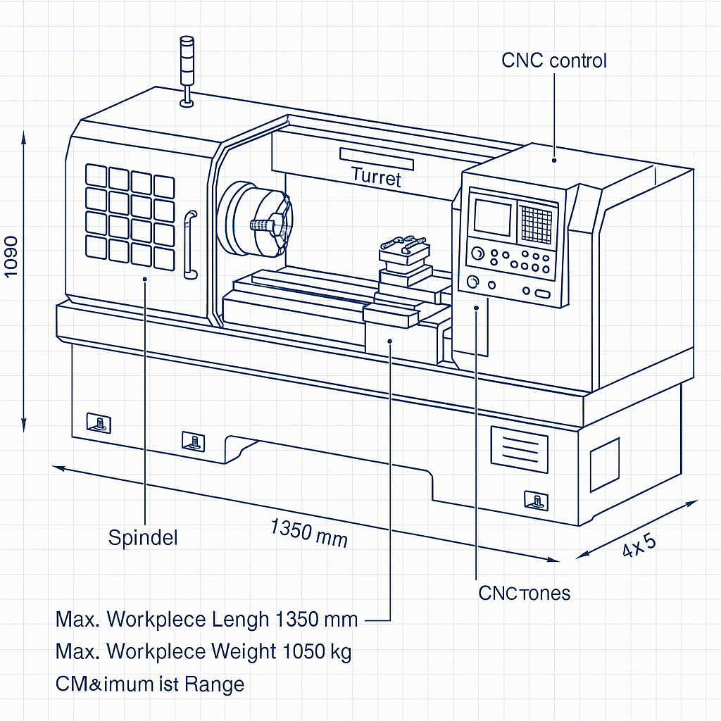 Horizontal Heavy Duty Flat Bed CNC Lathe Complete Turning Machine — labelled 3D blueprint