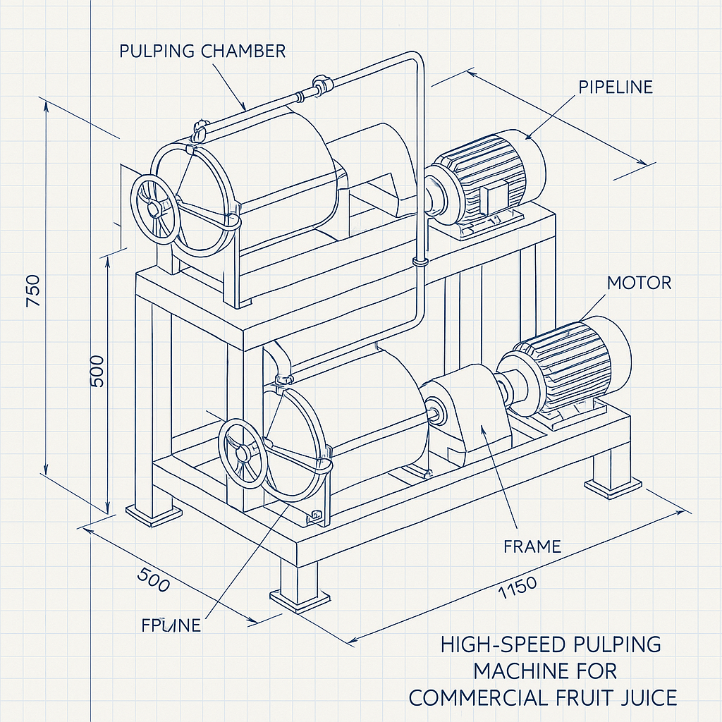 High Performance Stainless Steel High Speed Pulping Machine for Commercial Fruit Juice — labelled 3D blueprint