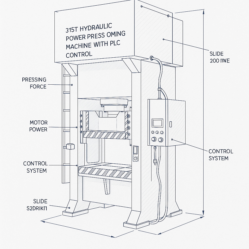 315T Hydraulic Power Press Punching Machine with PLC Control — labelled 3D blueprint