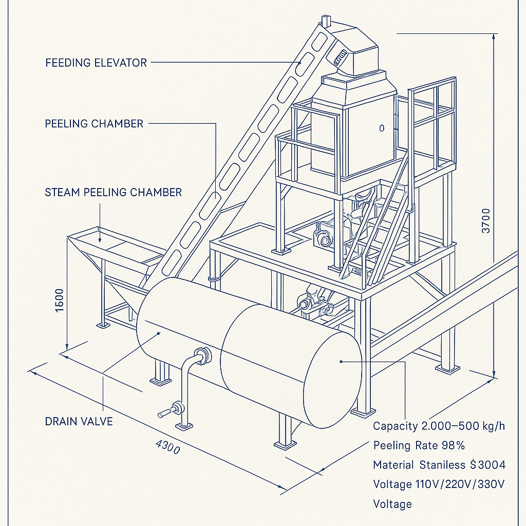 Industrial Potato Steam Peeling Machine for Snack Food Production — labelled 3D blueprint