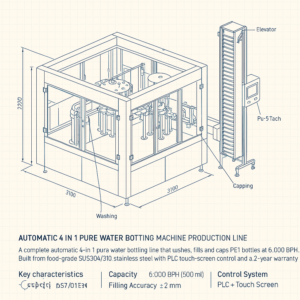 Automatic 4 In 1 Pure Water Bottling Machine Production Line — labelled 3D blueprint