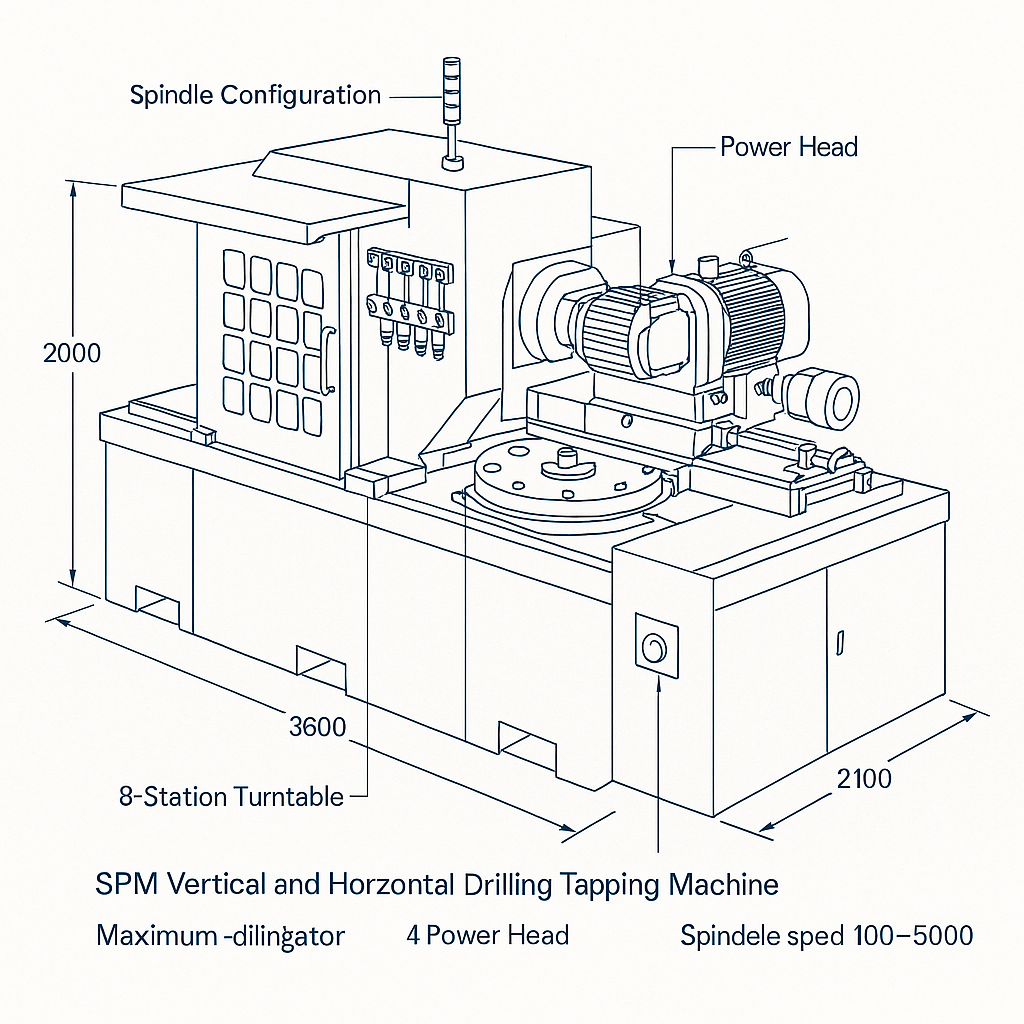 SPM Vertical and Horizontal Drilling Tapping Machine — labelled 3D blueprint