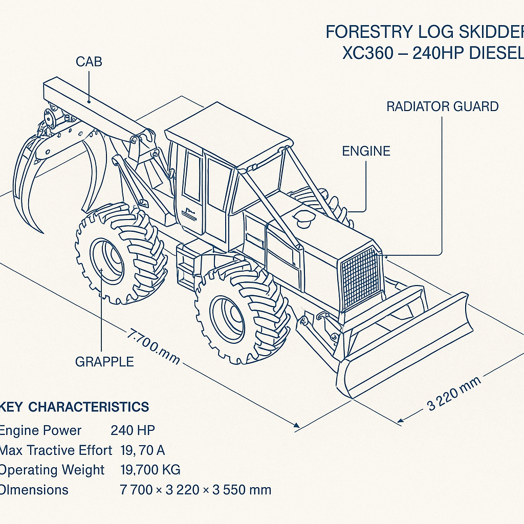 Forestry Log Skidder XC360 — 240HP Diesel — labelled 3D blueprint