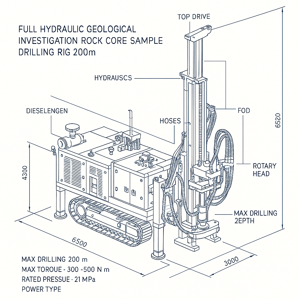 Full Hydraulic Geological Investigation Rock Core Sample Drilling Rig 200m — labelled 3D blueprint