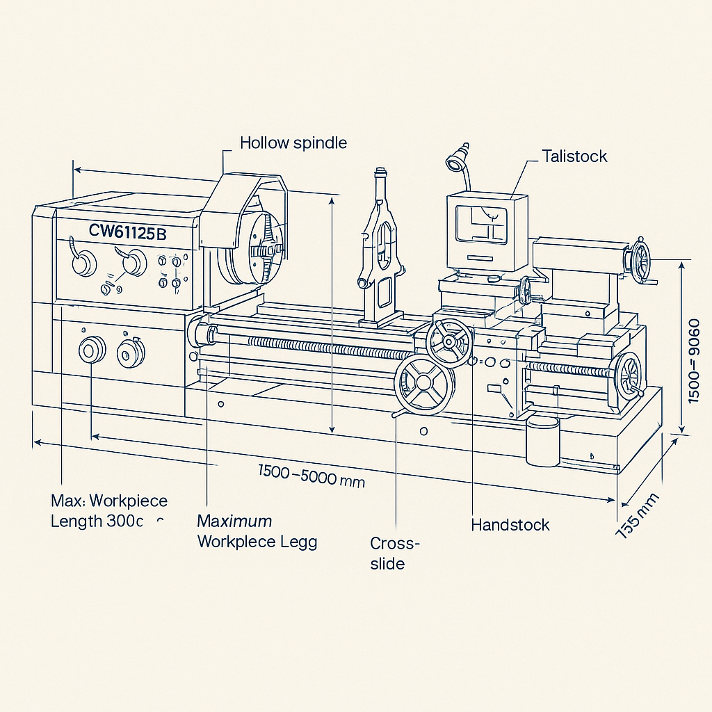 Horizontal Hollow Spindle Lathe CW61125B Manual Bench Lathe — labelled 3D blueprint
