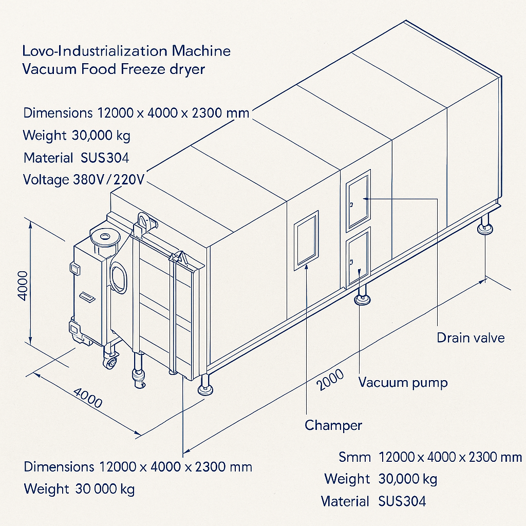 Low Industrial Lyophilization Machine Vacuum Food Freeze Dryer — labelled 3D blueprint