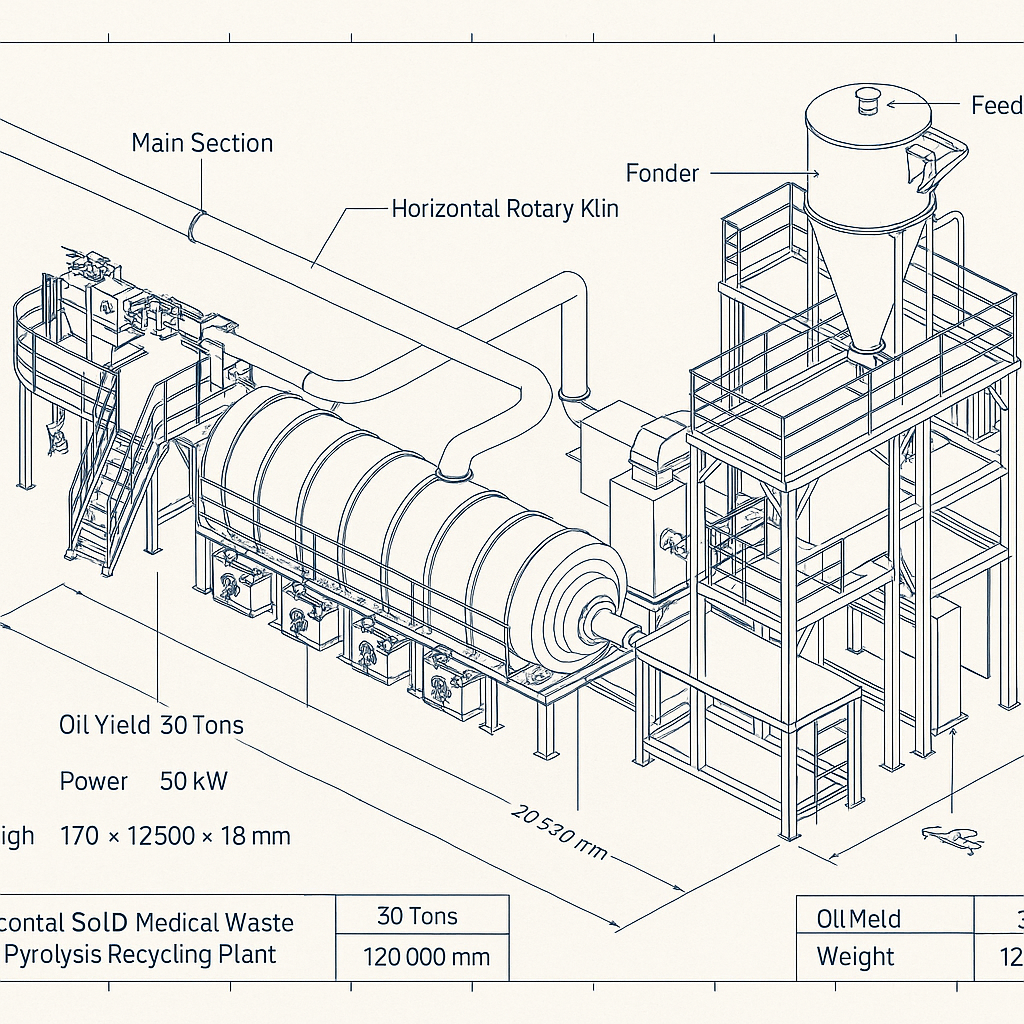 Municipal Solid Waste & Medical Waste Pyrolysis Recycling Plant — labelled 3D blueprint