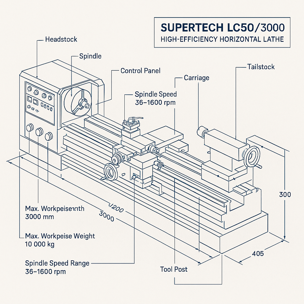 Supertech LC500/3000 High-Efficiency Horizontal Lathe — labelled 3D blueprint