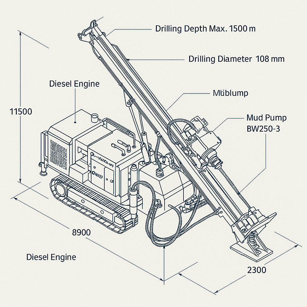 ZDC1500 Wireline Core Drilling Rig — Crawler Hydraulic Geological Rig — labelled 3D blueprint