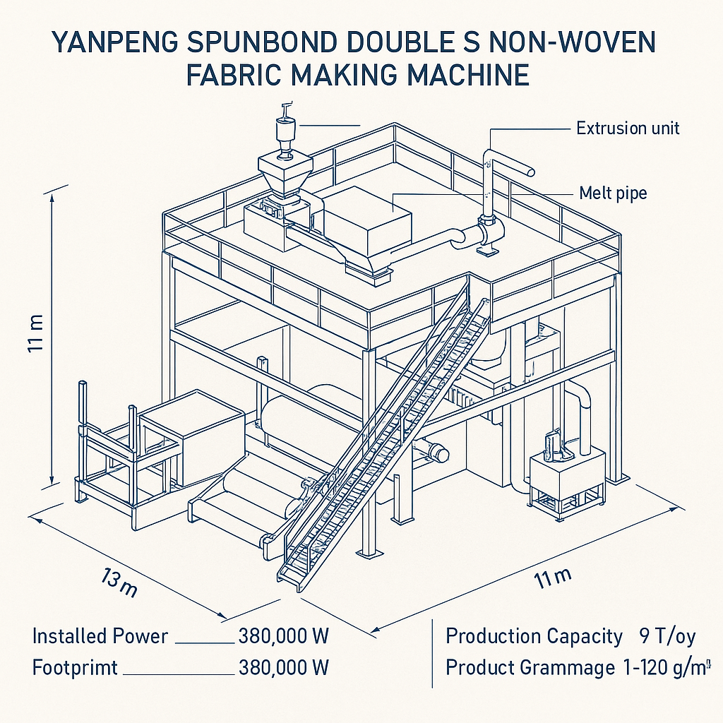Yanpeng Spunbond Double S Non-Woven Fabric Making Machine — labelled 3D blueprint