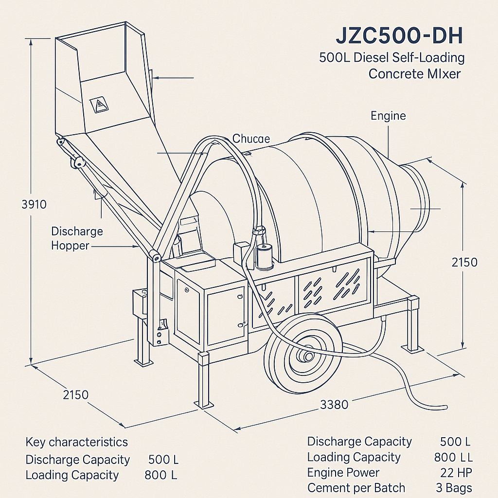 JZC500-DH 500L Diesel Self-Loading Concrete Mixer — labelled 3D blueprint