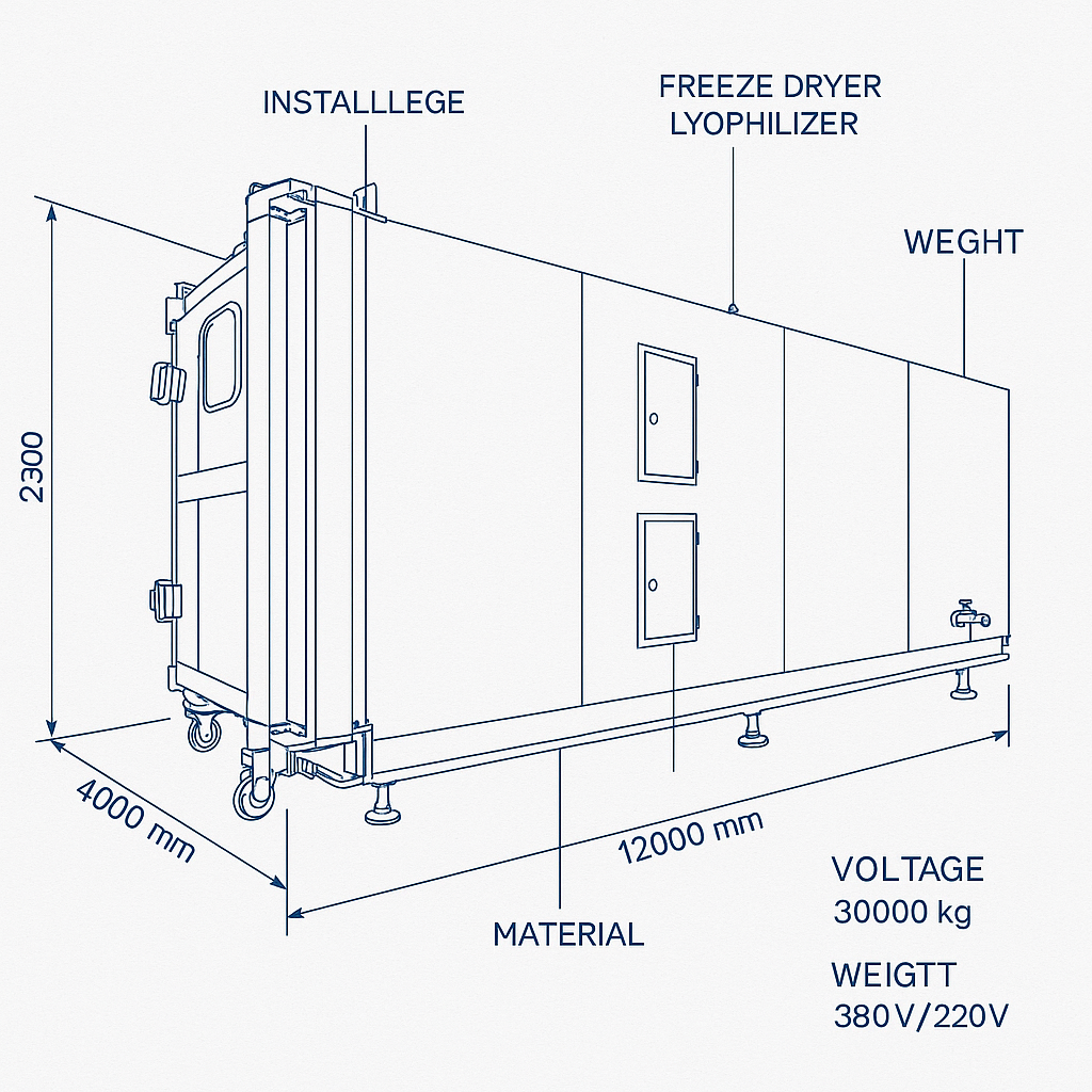 Industrial Freeze Dryer Lyophilizer Plant for Food, Coffee, Vegetables and Fruits — labelled 3D blueprint